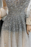 Luxurious Long Sleeves Silver Sequins Long Evening HZ0307