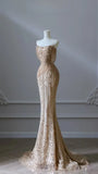 Luxury Gold Sequin Beaded Mermaid Prom Dress, Strapless Formal Party HZ0307