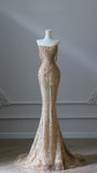 Luxury Gold Sequin Beaded Mermaid Prom Dress, Strapless Formal Party HZ0307