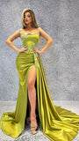 Luxury Mermaid Satin Prom Dresses Beaded Slit Evening Party HZ0307