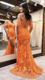 Luxury Orange Mermaid Lace Sequined Prom Dresses Feather Split Evening Formal Dress With Detachable HZ0307