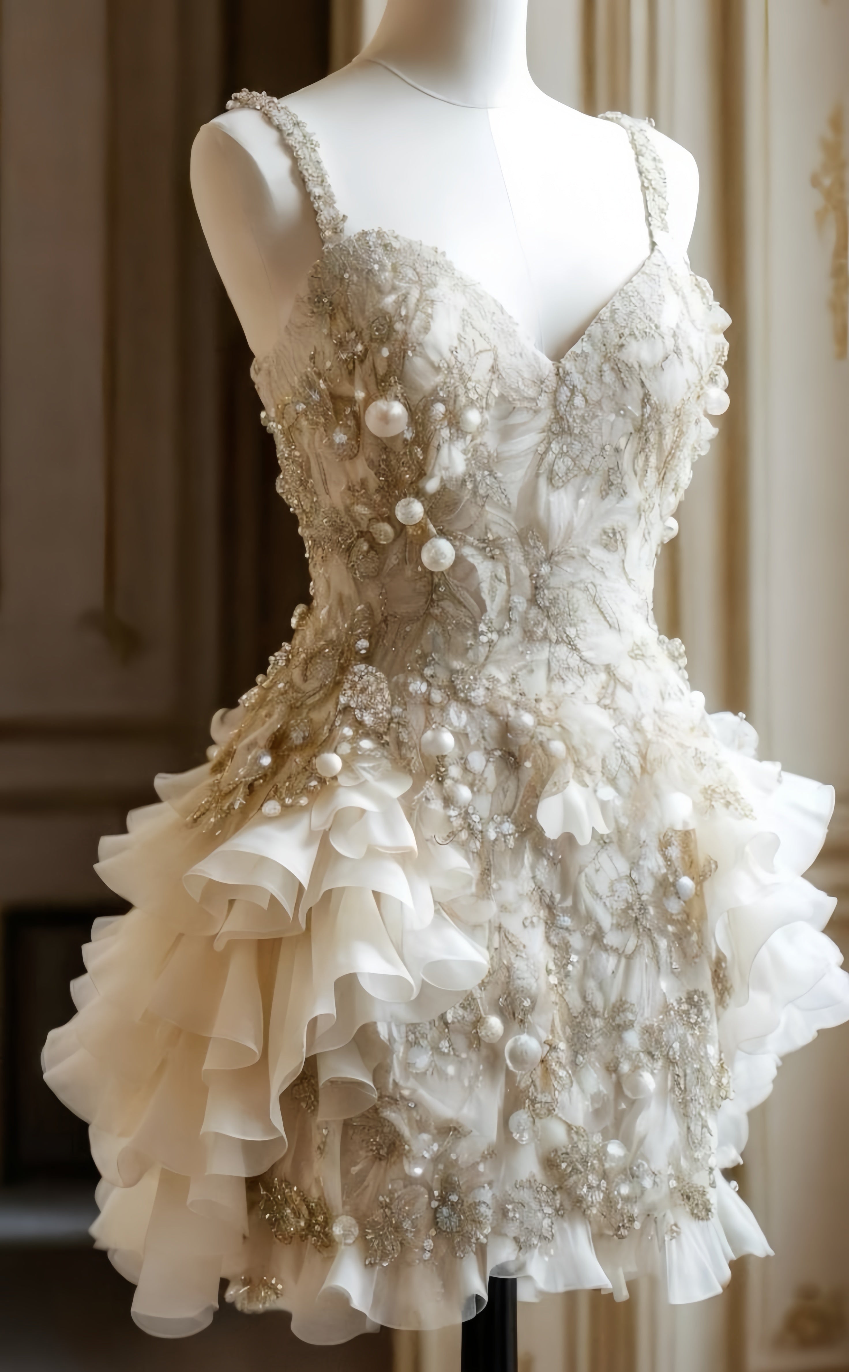 Luxury Pearl Ruffle Short Wedding Dress, Vintage Mini Prom Dress, HZ0307