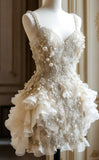 Luxury Pearl Ruffle Short Wedding Dress, Vintage Mini Prom Dress, HZ0307