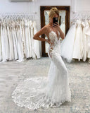 Luxury Wedding Dresses Mermaid Lace Appliques Deep V Neck Backless Bridal HZ0307