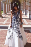 Navy Blue Floral Applique A-Line White Tulle Long Prom Evening HZ0307
