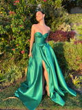 Green Sweetheart Satin A-Line Long Evening Prom Dress With High HZ0307