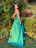 Green Sweetheart Satin A-Line Long Evening Prom Dress With High HZ0307