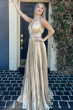 Sexy V-Neck Gold Pleated Sheath Long Formal Prom HZ0307