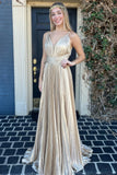 Sexy V-Neck Gold Pleated Sheath Long Formal Prom HZ0307