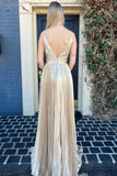 Sexy V-Neck Gold Pleated Sheath Long Formal Prom HZ0307