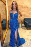 Blue Sequin Mermaid Sleeveless Long Prom HZ0307