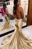 Gold Satin Mermaid Prom Dress With Cross HZ0307