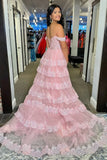 Off The Shoulder Pink Ruffles Long Prom HZ0307