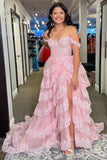 Off The Shoulder Pink Ruffles Long Prom HZ0307