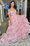Off The Shoulder Pink Ruffles Long Prom HZ0307