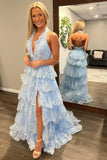 Halter Neck Light Blue Lace Ruffle Prom HZ0307