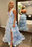 Halter Neck Light Blue Lace Ruffle Prom HZ0307
