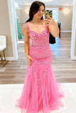 Pink Mermaid Appliques Tulle Prom HZ0307