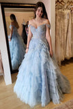 Light Blue Off The Shoulder Prom Dress With Ruffle HZ0307