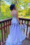 Mermaid Applique V-neck Tulle Long Prom HZ0307