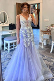 Mermaid Applique V-neck Tulle Long Prom HZ0307