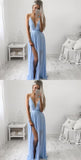 LTP1572,Sexy deep v-neck light blue chiffon prom evening dresses with side HZ0307