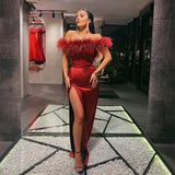 LTP1330,Burgundy off the shoulder feather long prom formal gown split evening prom HZ0307