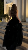 Modern Black Sequin Long Prom Dresses Ruffle Evening Party HZ0307