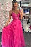 Straps Neon Pink Beaded A-Line Long Prom Dress, Evening Formal HZ0307