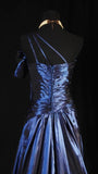 Navy Blue A-Line Prom Dresses Satin One Shoulder Beaded Evening Party HZ0307