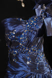 Navy Blue A-Line Prom Dresses Satin One Shoulder Beaded Evening Party HZ0307