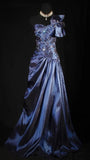 Navy Blue A-Line Prom Dresses Satin One Shoulder Beaded Evening Party HZ0307