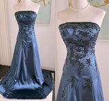 Navy Blue Beaded Strapless Prom Dresses Satin Evening HZ0307