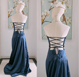 Navy Blue Beaded Strapless Prom Dresses Satin Evening HZ0307