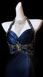 Navy Blue Halter Beaded Long Prom Dresses Slim Evening Party Gown With Slit HZ0307