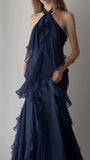 Navy Blue Halter Ruffle Prom Dresses Chiffon Full Length Party Outfits, HZ0307