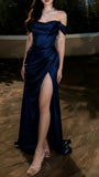 Navy Blue Long Prom Dresses Rutched Evening Party HZ0307