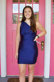 Navy Blue One Shoulder Homecoming Dresses Tight For Teen, HZ0307
