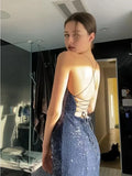 Navy Blue Sequin Long Prom Dress Spaghetti Straps Evening HZ0307