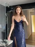 Navy Blue Sequin Long Prom Dress Spaghetti Straps Evening HZ0307