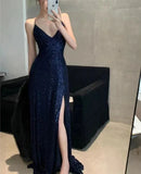 Navy Blue Sequin Long Prom Dress Spaghetti Straps Evening HZ0307