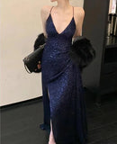 Navy Blue Sequin Long Prom Dress Spaghetti Straps Evening HZ0307