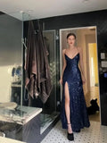 Navy Blue Sequin Long Prom Dress Spaghetti Straps Evening HZ0307