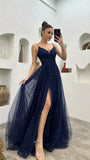 Navy Blue Tulle A-Line Party Dress, Spaghetti Straps Prom Dress With Side Slit, HZ0307