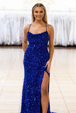 Navy Blue Sequin Mermaid Cowl Neck Long Prom HZ0307