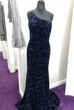 Navy Blue Sequin One Shoulder Mermaid Long Formal HZ0307