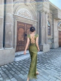 LTP1702, Olivia Green V-Neck Prom Dresses, Silk Satin Open Back Evening Party HZ0307