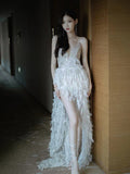 LTP1706, Stunning White Feather Hi-Lo Evening Prom HZ0307