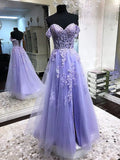 Purple Off The Shoulder Appliques Tulle Prom Evening HZ0307
