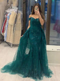 LTP1770,Off the shoulder mermaid green long prom dresses, applique lace evening HZ0307
